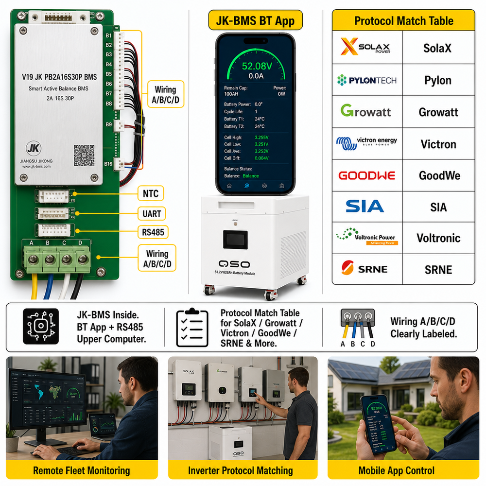 QSO 51.2V Empty Mb56 Diy Box Kit 32Kwh 32 64 Kwh 64Kwh 16S 300A Jk Bms MB 56 48V 560AH 628Ah Lifepo4 Lithium Battery Case Rack - image 3