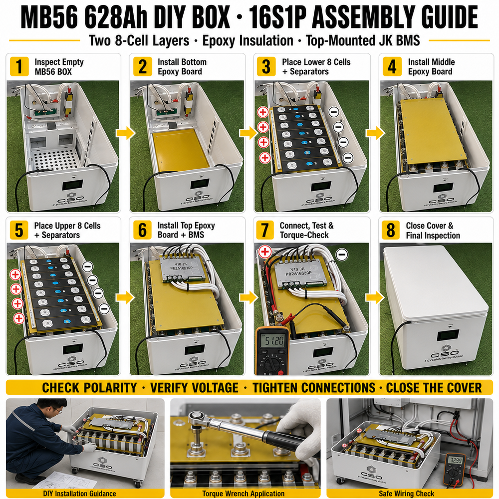 QSO  51.2V Empty Mb56 Diy Box Kit 32Kwh 32 64 Kwh 64Kwh 16S 300A Jk Bms MB 56 48V 560AH 628Ah Lifepo4 Lithium Battery Case Rack - image 6