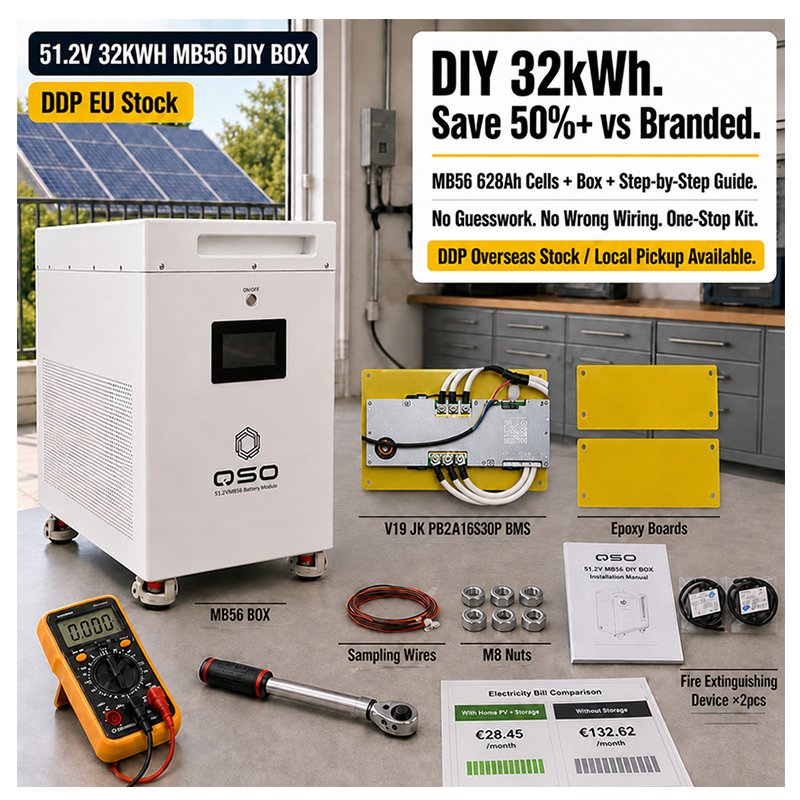 QSO 32Kwh 628Ah MB56 Diy Box 32Kw Caja 32 Kwh Kw 628 Lipo4 Battery Case With 16S 300A BMS/JK+Active Balancer+fire Extinguisher