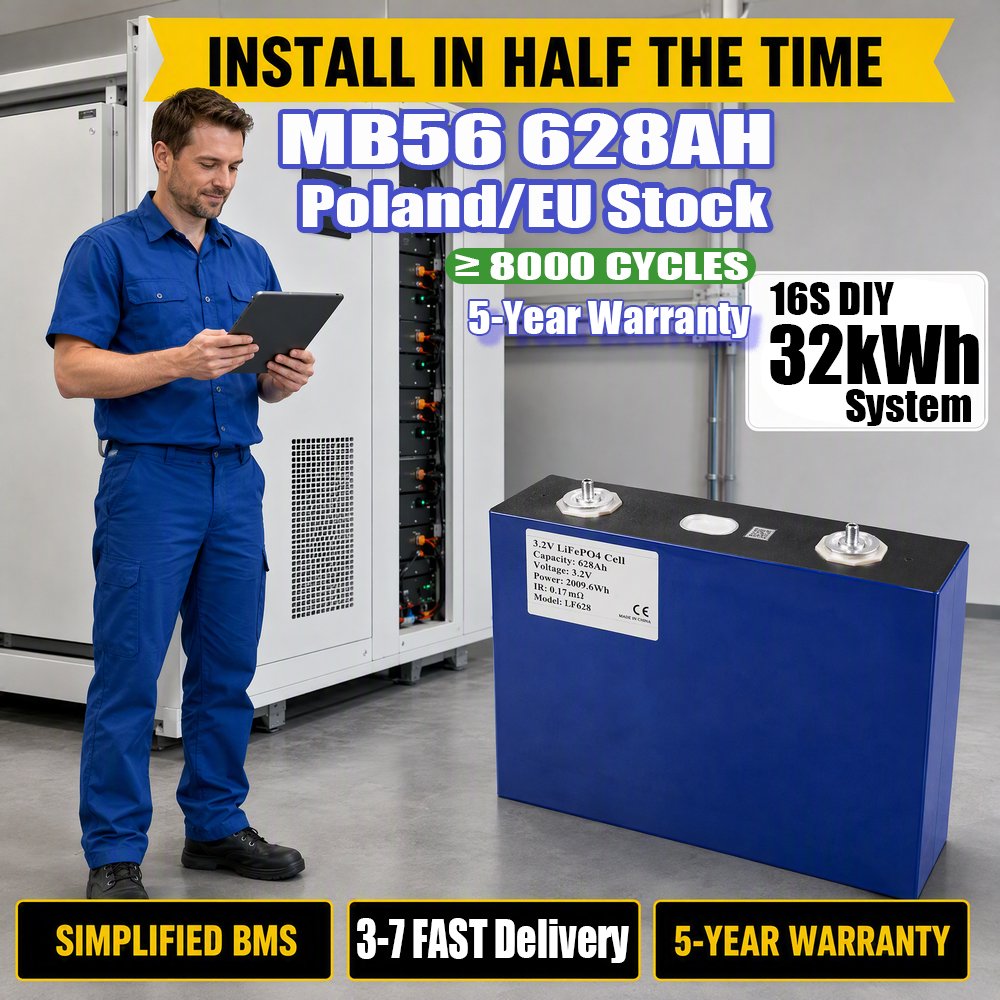 Single 2kWh 3.2V MB56 628Ah LiFePO4 Lithium Battery Cell 50% Time-Saving Installation for DIY 32kWh Home Energy Storage Systems
