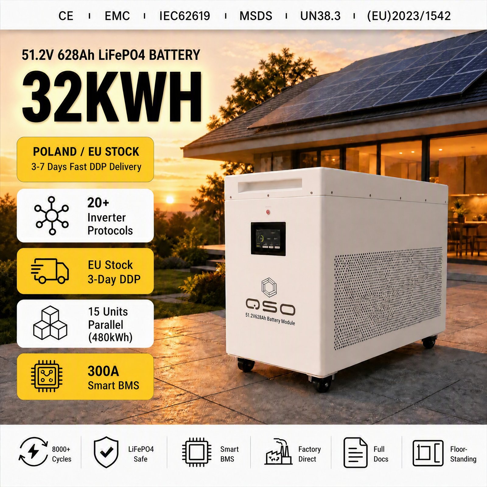 Eu Stock DDP Bateria 32KWH 51.2V 628AH 684AH 600AH 38 35 64 32 KWH KW KVA ESS 64Kwh 48V Lifepo4 Lithium Ion Battery Pack Akku